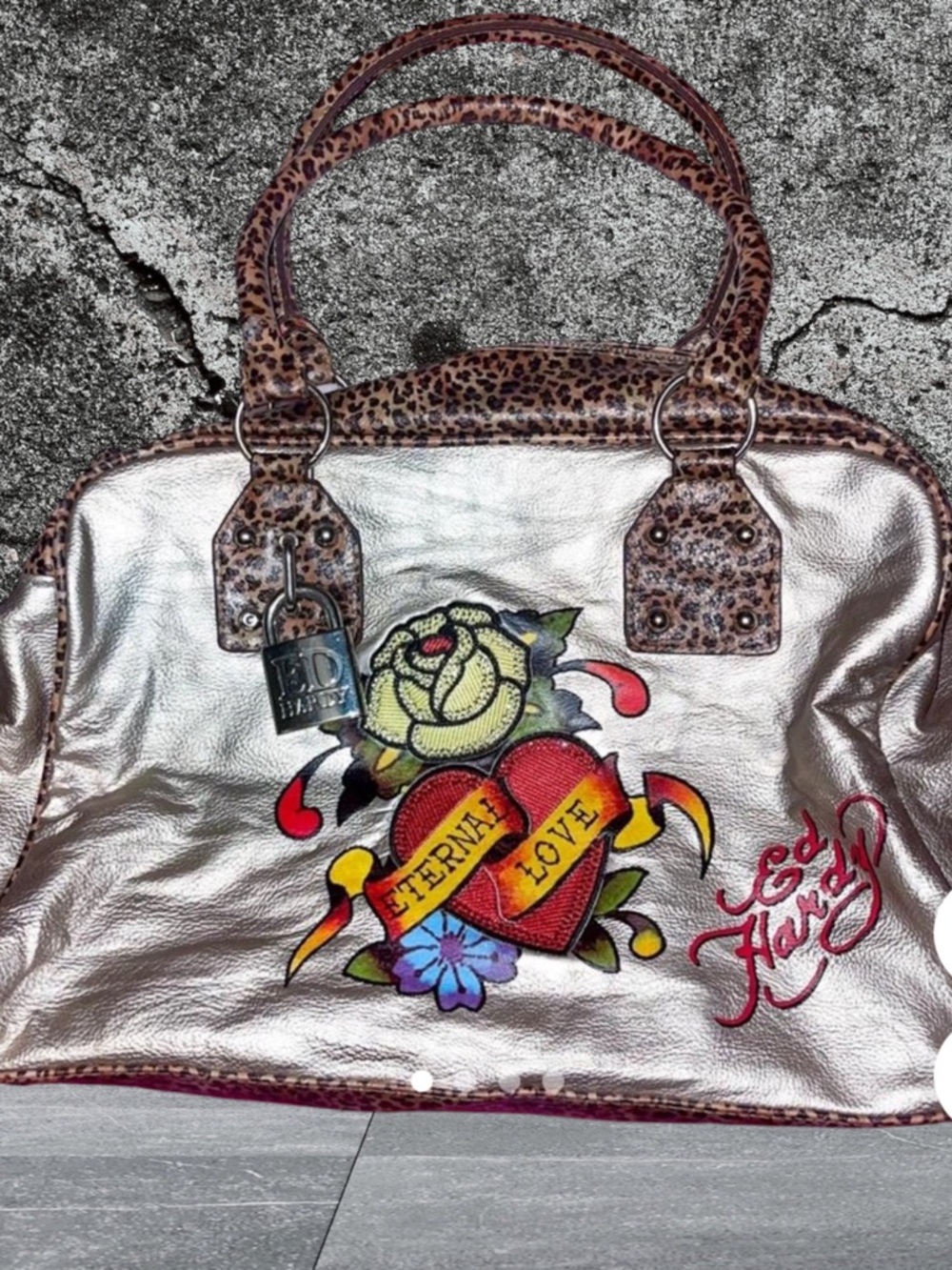 Ed Hardy Y2K Gold Metallic Leopard Eternal Love Tattoo Satchel